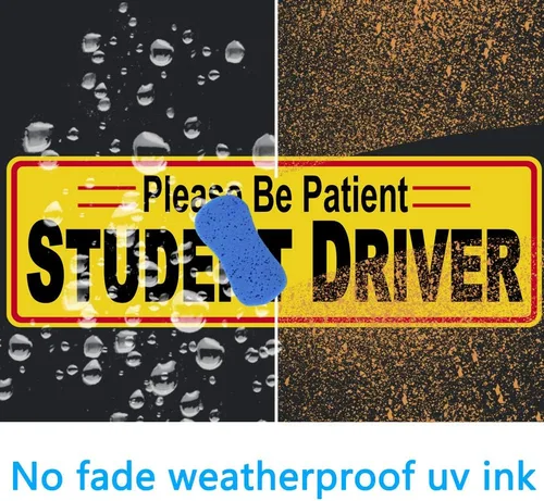 Vista 2 de 3 calcomanías adhesivas de seguridad para conductor estudiante con texto en inglés "Student Driver Please Be Patient" de 12 x 3.8 pulgadas