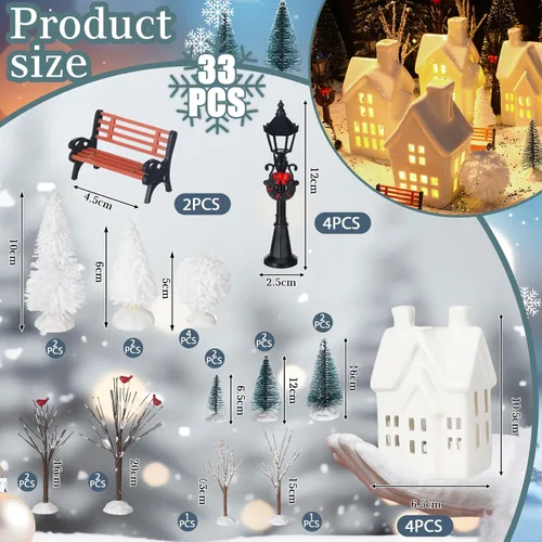 Vista 2 de 33 piezas de conjuntos de aldea navideña de cerámica con iluminación LED, decoración de aldea en miniatura de invierno blanco, figuras de resina