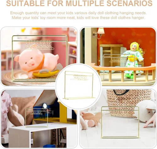 Vista 6 de NUOBESTY Perchero en miniatura de hierro dorado para muñecas con 10 mini perchas para muebles de casa de muñecas y almacenamiento de ropa