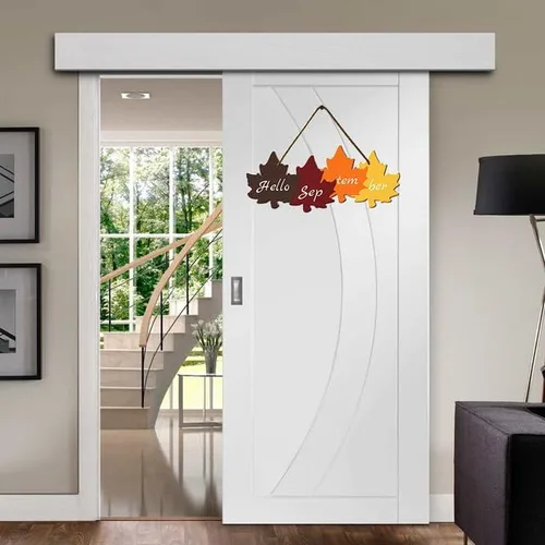 Vista 4 de KPSheng Letrero colgante de madera con texto en inglés «Hello September» para colgar en la puerta, diseño rústico de hoja de arce para decoración