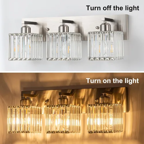 Vista 4 de Moderna lámpara de tocador de baño, 3 luces, moderna lámpara de baño de cristal cromado sobre espejo, iluminación de tocador de baño cromada
