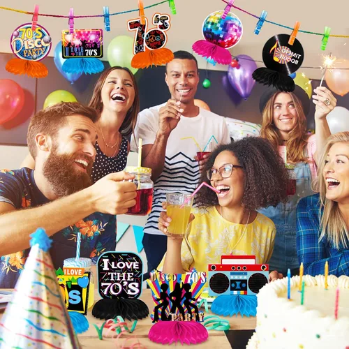 Vista 5 de TaoBary 9 piezas de centros de mesa de fiesta de discoteca de los años 70, palos de los años 70, decoración de disco de nido de abeja retro