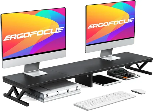 Soporte Elevador para Monitor Dual, Soporte Grande de Madera para Monitor con Almacenamiento, Soporte Multi Pantalla de Madera y Acero Resistente,