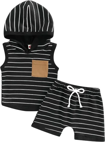 Vista 12 de Conjunto de ropa de verano para bebés y niños pequeños, a rayas, liso/teñido anudado, sin mangas, sudadera con bolsillo y pantalones cortos