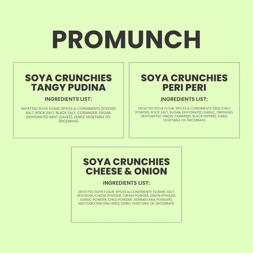 Vista 12 de PROMUNCH Bocadillo de Soja Asada Alto en Proteínas Saludable Sin gluten Paquete de 3, Sabor: Queso y Cebolla, Peri-Peri y Fideos Masala