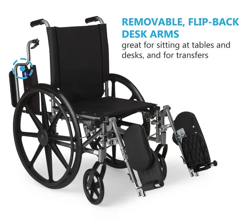 Vista 2 de Silla de ruedas Medline K4 estándar, ligera, con brazos inclinables y desmontables y descansos para las piernas elevables, MDS806550NE, Negro, 1, 1