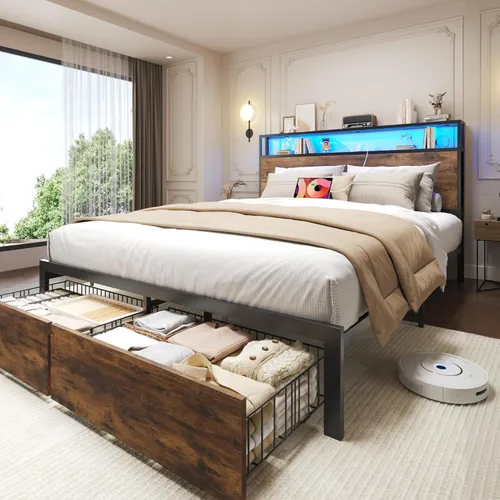 Vista 6 de Lifezone Base de cama matrimonial con cabecera de almacenamiento de 2 niveles, marco de cama de metal con cajones de almacenamiento, estación