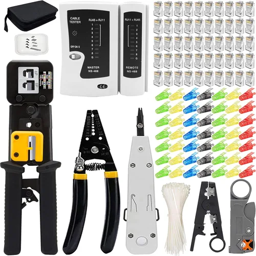 Vista 9 de LEATBUY - Kit de herramientas de crimpadora CAT5 para RJ45/RJ11/RJ12/CAT6/Cat5e, cortador profesional de conectores de cables de crimpadora de red