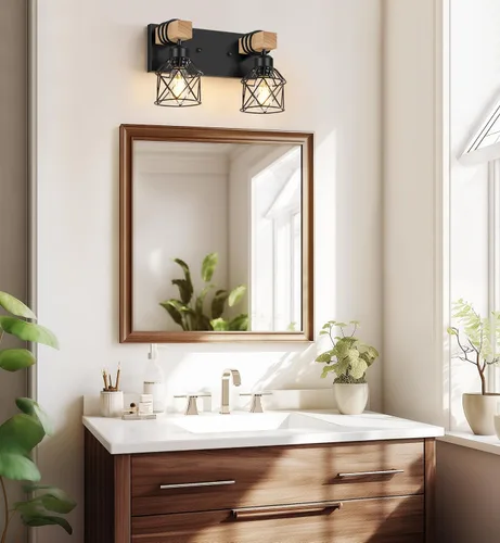 Vista 6 de FadimiKoo Lámparas de Tocador de Baño Estilo Granja de 2 Luces, Iluminación de Baño de Madera Sobre Espejo, Apliques de Pared Rústicos Negros