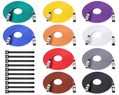 Vista 9 de Cable XLR de 10 colores, multicolor XLR macho a hembra, cables de audio de 15 pies, paquete de 10 cables de micrófono XLR equilibrados de 3 pines