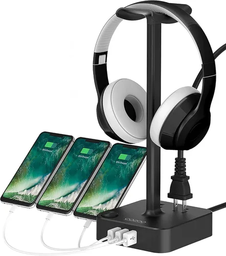 cozoo Soporte para auriculares con cargador USB soporte para auriculares de escritorio con 3 cargadores USB y 2 tomas de corriente adecuado para