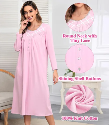 Vista 2 de Camisones largos de algodón para mujer, 100% algodón, vestido de noche de manga larga para mujer, ropa de dormir vintage A rosa