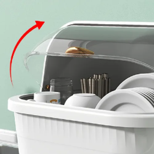 Vista 7 de Escurridor de platos con cubierta de tapa Caja de secado de platos de plástico Escurridor de platos multifuncional para ahorrar espacio