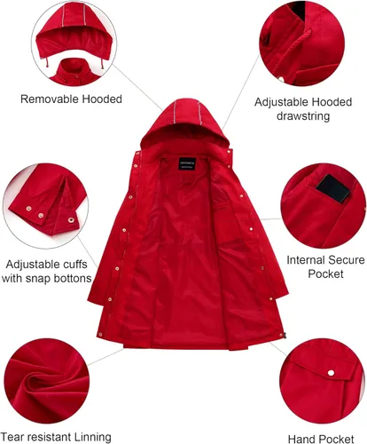 Vista 5 de CREATMO US Gabardina larga resistente al agua para mujer, chaqueta militar cortavientos con capucha reflectante extraíble