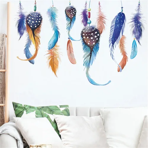 Vista 4 de Calcomanías de pared colgantes de plumas de ensueño, calcomanías de pared extraíbles de vinilo para sala de estar, dormitorio, habitación