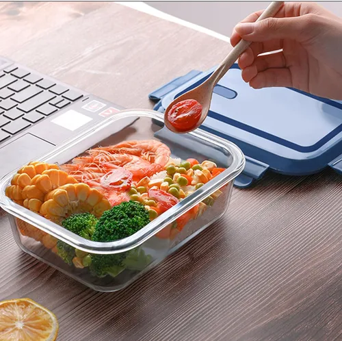 Vista 7 de 6 recipientes rectangulares de vidrio para almacenamiento de alimentos con tapas, recipientes de preparación de comidas para almacenamiento de Azul