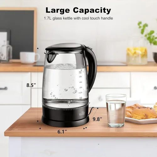 Vista 4 de Willz Hervidor eléctrico de vidrio con mango resistente al calor y vertido inalámbrico, tecnología de ebullición rápida y apagado automático, luz