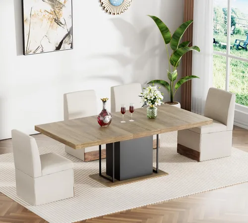 Juego de mesa de comedor extensible para mesa de cocina extensible de 4, 5 piezas y 4 sillas de almacenamiento ocultas de lino tapizadas de madera