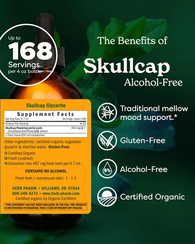 Vista 2 de Herb Pharm Extracto líquido orgánico certificado Skullcap para apoyo del sistema nervioso, glicerita sin alcohol, 4 onzas