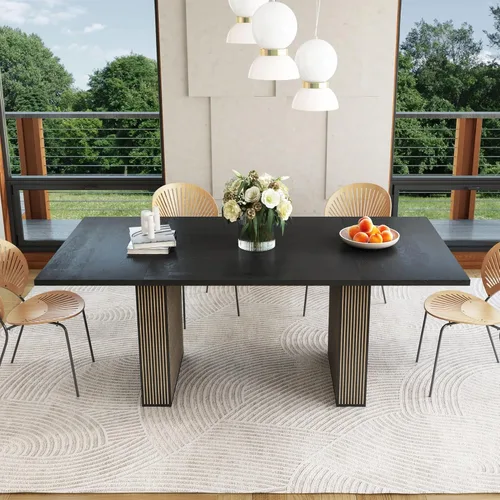 Vista 4 de Mesa de comedor rectangular de 198 cm para 6 a 10 personas, mesa de cocina estilo granja con estrías, mesa larga de madera moderna para cocina