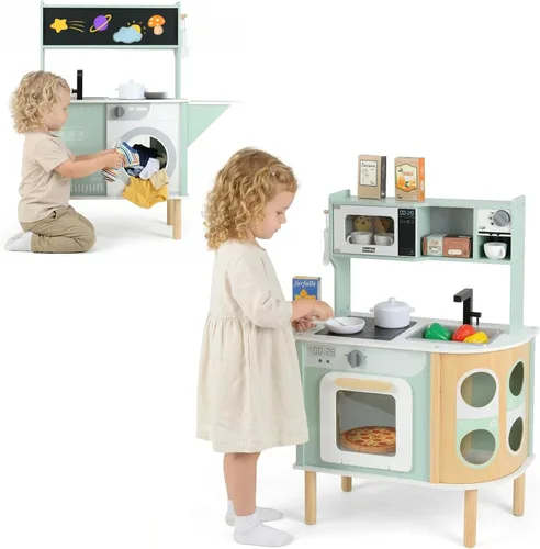 INFANS Juego de Cocina de Madera para Niños, Juego de Cocina de Simulación para Niños Pequeños con Estufa, Microondas, Cubo de Basura y Gabinete de