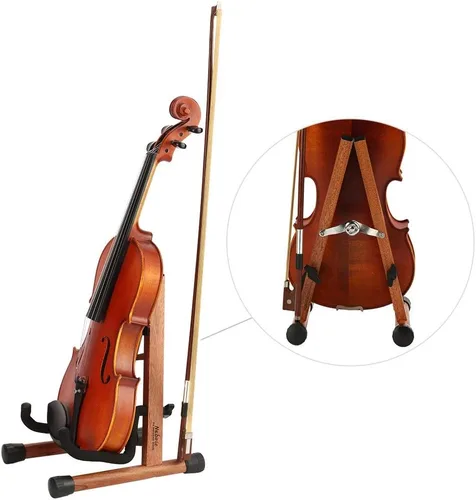 Vista 4 de Soporte para ukelele, soporte de madera para violín con soporte para arco, soporte de madera para mini guitarras pequeñas, banjo y mandolina (cereza)
