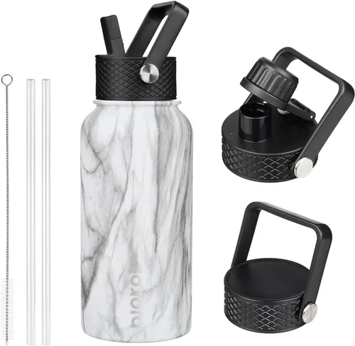 Vista 40 de BJPKPK - Botellas de agua aisladas con tapa con popote, botella grande de metal de 32 onzas con 3 tapas, termo reutilizable sin fugas y sin BPA