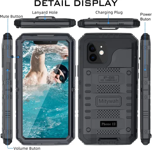 Vista 6 de Mitywah Funda impermeable para iPhone 12, resistente a prueba de golpes, con protector de pantalla integrado, funda de metal de protección submarina