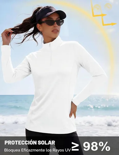 Vista 6 de MAGCOMSEN Camiseta de manga larga para mujer, con cremallera de un cuarto 01-Negro