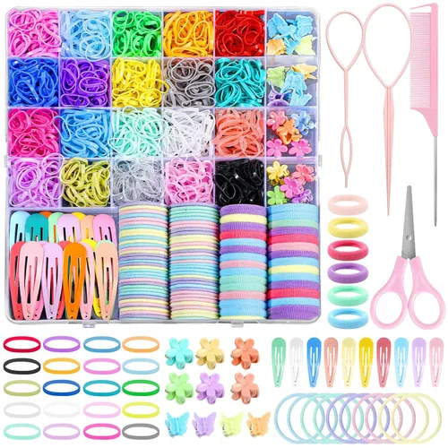 Vista 9 de Auroray Bandas de goma para el cabello pequeñas de 32 colores con 16 herramientas de peinado, 2000 piezas de ligas elásticas para el cabello de niña