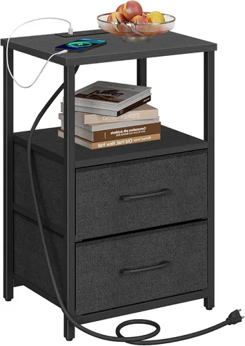 TUTOTAK Mesa auxiliar con estación de carga, mesita de noche, mesa auxiliar con 2 puertos USB y tomacorrientes, mesita de noche con cajón de tela,