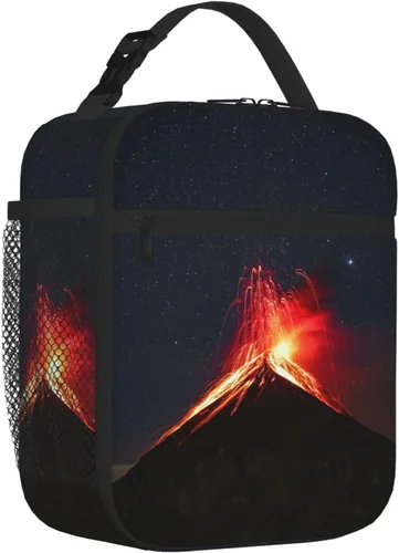 Vista 2 de Volcán Erupting at Night Bolsa de almuerzo impresa con bolsillo lateral Lonchera térmica Bolsa suave Bolsa térmica para picnic de trabajo