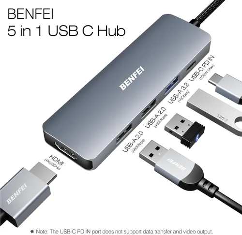 Vista 3 de BENFEI Hub USB C 5 en 1 con HDMI 4K (certificado), entrega de energía de 100W, 3 USB-A, cable de silicona, carcasa de aluminio compatible