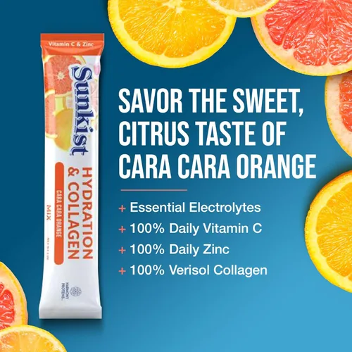 Vista 3 de The Frozen Bean Sunkist Hydration & Collagen Cara Cara - Mezcla de bebida en polvo de electrolitos de naranja (20 varillas), con péptidos