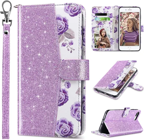 Vista 16 de ULAK Funda tipo cartera compatible con iPhone 8 Plus/7 Plus para mujer, de piel sintética de alta calidad con tarjeteros, función atril, funda Negro