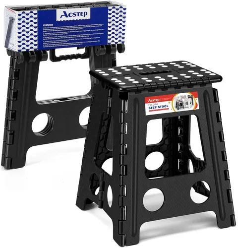 Vista 14 de ACSTEP Taburete plegable de 9 pulgadas, capacidad de 300 libras, taburete antideslizante con asa, taburetes plegables de plástico para niños, Negro