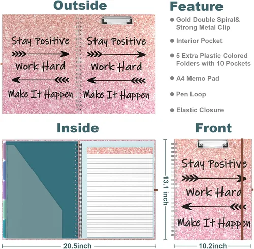 Vista 2 de Hongri Clipboard Folio with Refillable Lined Notepad, 8.5 x 11 Folders with Storage 10 Pockets, Spiral Portfolio, Size 12.8x 9.7 in, Office & School