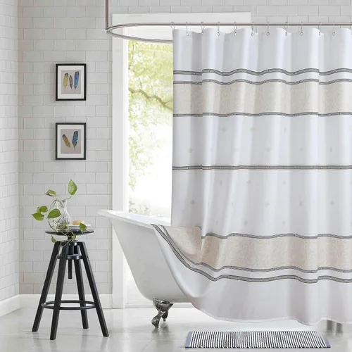 Vista 7 de Cortina de ducha de tela, cortina de ducha marrón, cortinas de ducha con patrón de rayas marrón tostado, cortinas de baño decorativas modernas, 72