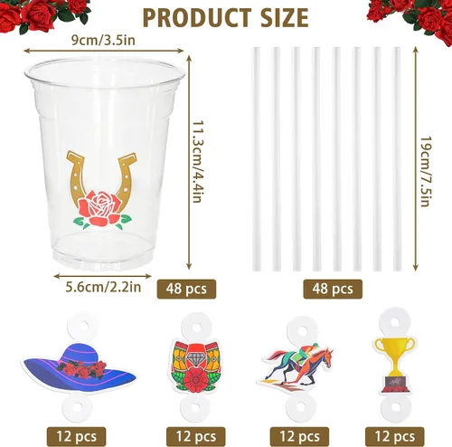 Vista 3 de MUOUAKATE Copas Derby desechables de plástico a granel, paquete de 100 vasos de 12 onzas Derby Clear Julep con pajitas de plástico y tarjetas