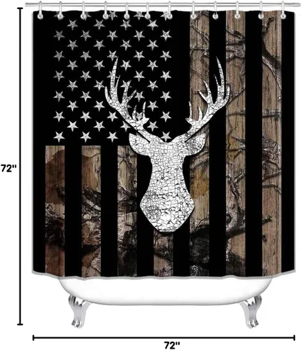 Vista 149 de Camille&Andrew - Juego de 4 cortinas de ducha de tela de ciervo rústico negro, alce, alce, pino, luna, casa de campo, panel rústico, tablero