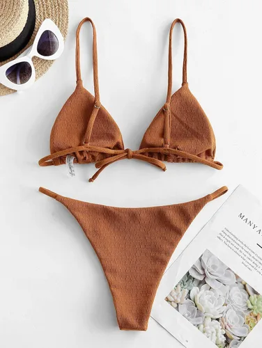 Vista 5 de ZAFUL Bikini con textura para mujer, bikini triangular fruncido, traje de baño brasileño atrevido