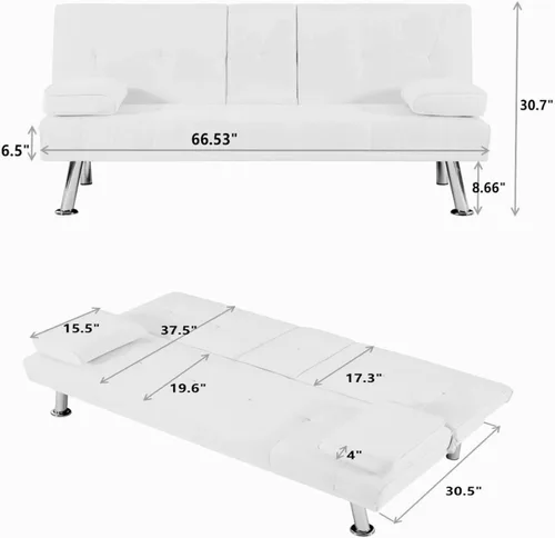 Vista 2 de Moderno sofá cama futón de terciopelo con 2 portavasos, sofá cama convertible con 3 respaldos ajustables y patas de metal, sofá biplaza reclinable