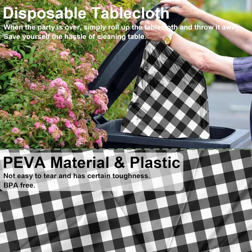 Vista 6 de Paquete de 2 manteles de plástico a cuadros en blanco y negro para fiestas, desechables de 54 x 108 pulgadas, mantel rectangular con bandera a