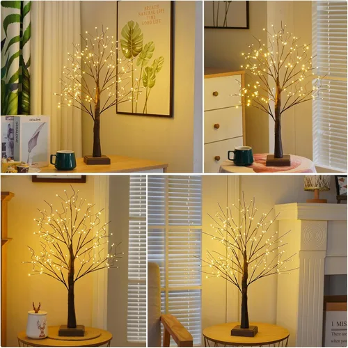 Vista 7 de Lámpara de árbol artificial de 144 LED con temporizador, árboles de abedul con luces LED, lámpara de árboles iluminada con USB / batería, espíritu
