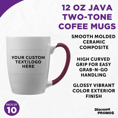 Vista 3 de DISCOUNT PROMOS Tazas de café personalizadas Java de dos tonos, 12 onzas, juego de 10, paquete personalizado a granel, perfectas para café, té