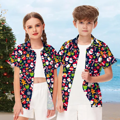 Vista 3 de Remimi Camisa unisex de Halloween para niños, camisetas hawaianas de manga corta con botones feos de 5 a 14 años Christmas Gift