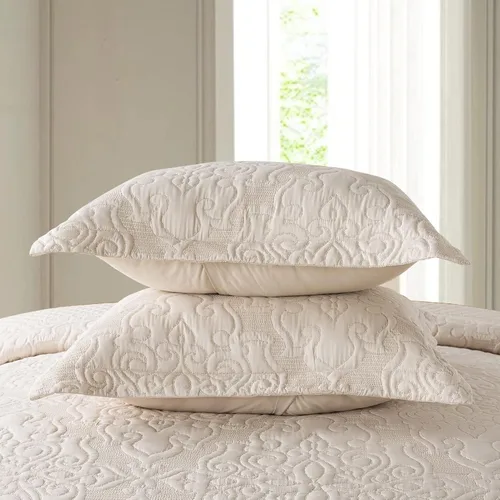 Vista 6 de NEWLAKE - Juego de cubrecama reversible de microfibra bordada con patrón floral en relieve en jacquard beige, tamaño queen