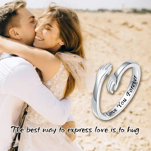 Vista 3 de Anillo de plata de ley ajustable oro blanco de 18 quilates, chapado en oro rosa, anillos de abrazo para parejas, anillos de boda para mujeres
