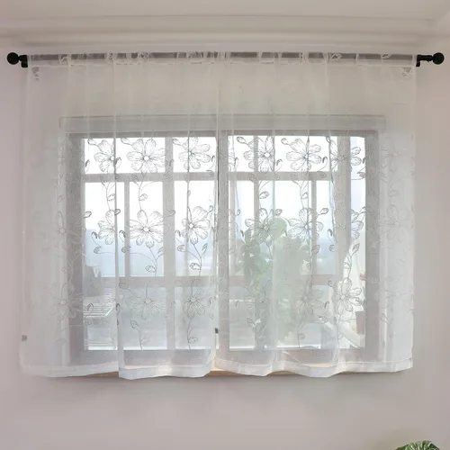Vista 2 de SLOW SOUL Juego de 2 paneles de cortinas traslúcidas de lino sintético semitransparente con flores blancas, cortinas bordadas para dormitorio, sala