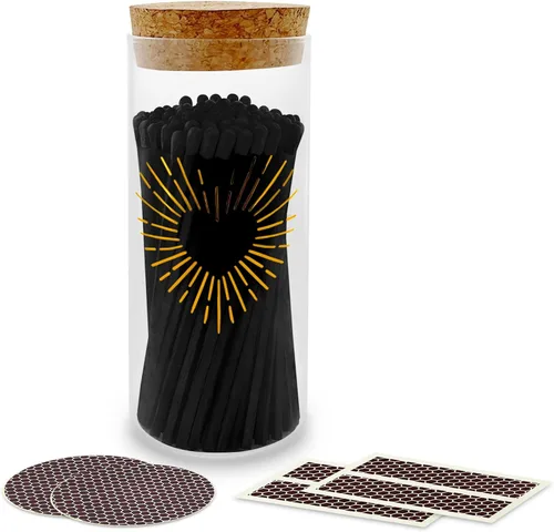 Fósforos decorativos en frasco de vidrio con corazón dorado de papel aluminio | Fósforos largos negros de 4" (100 cerillas) con tapa de corcho de